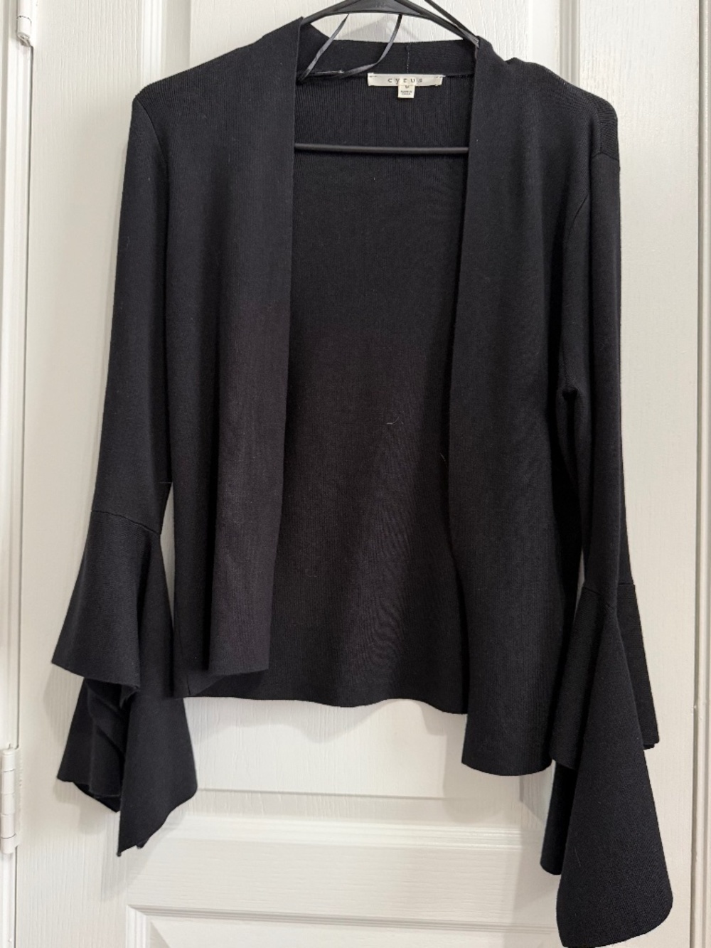 Cyrus Black Open Front Ruffle Bell Sleeve Cardigan - Size M